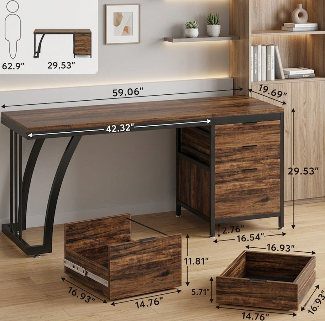 59" Industrial Computer Desk with Reversible Drawer Cabinet for Study & Office