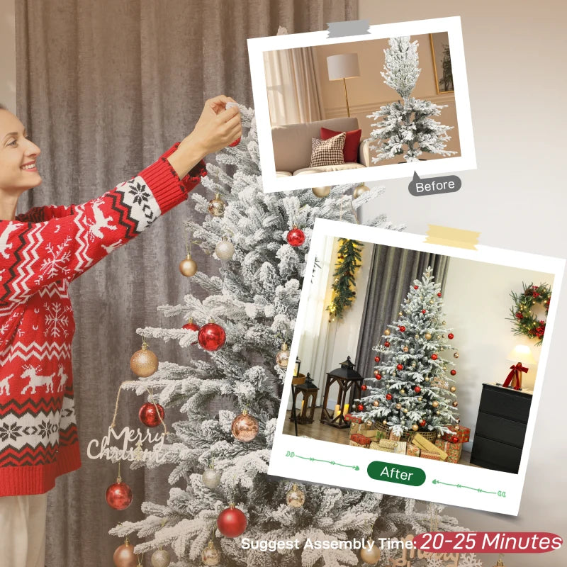 HOMCOM 7FT Artificial Flocked Christmas Tree, Full Snow-Covered Pine Xmas Tree with Realistic Tips, Hinged Branches, and Metal Stand 