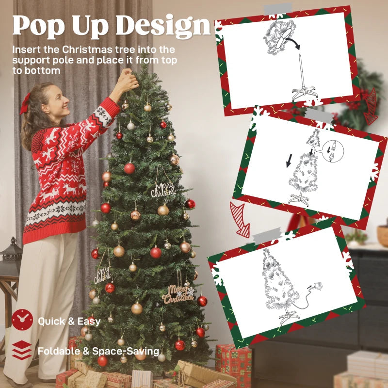 HOMCOM 7FT Prelit Pop Up Artificial Christmas Tree, Collapsible Green Xmas Tree with Warm White LED Lights and Metal Stand 