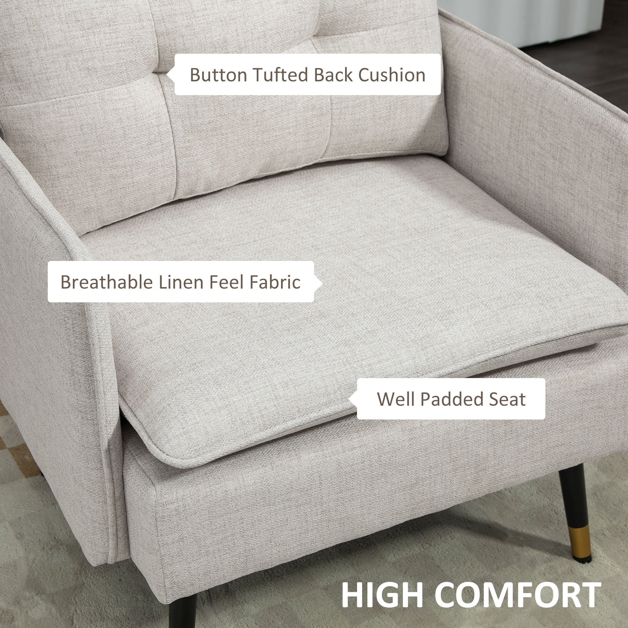 HOMCOM Accent Chair Modern Upholstered Tufted Back Steel Legs Living Room Bedroom Cream White 