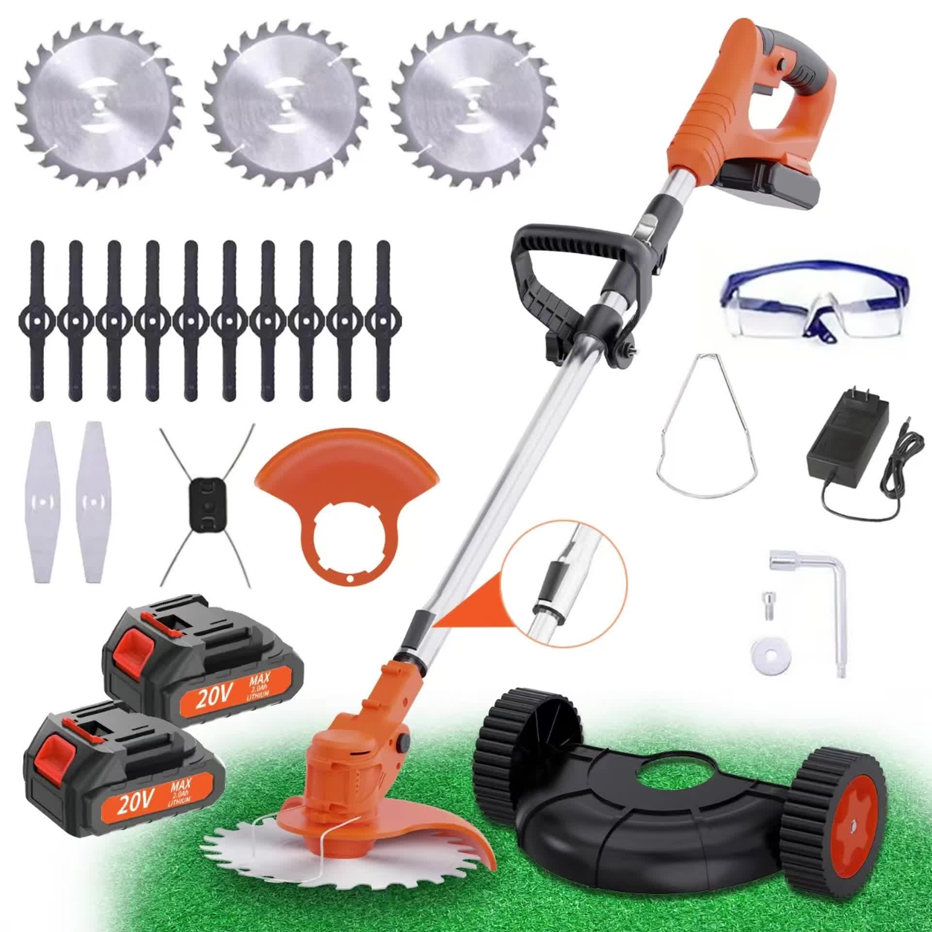 Portable Cordless Electric Lawn Mower, Grass Trimmer Handheld Weeder with 4 Different Blade Models and Two Large Capacity Lithium Batteries, Suitable for Outdoor and Patio Use, Includes Charger 