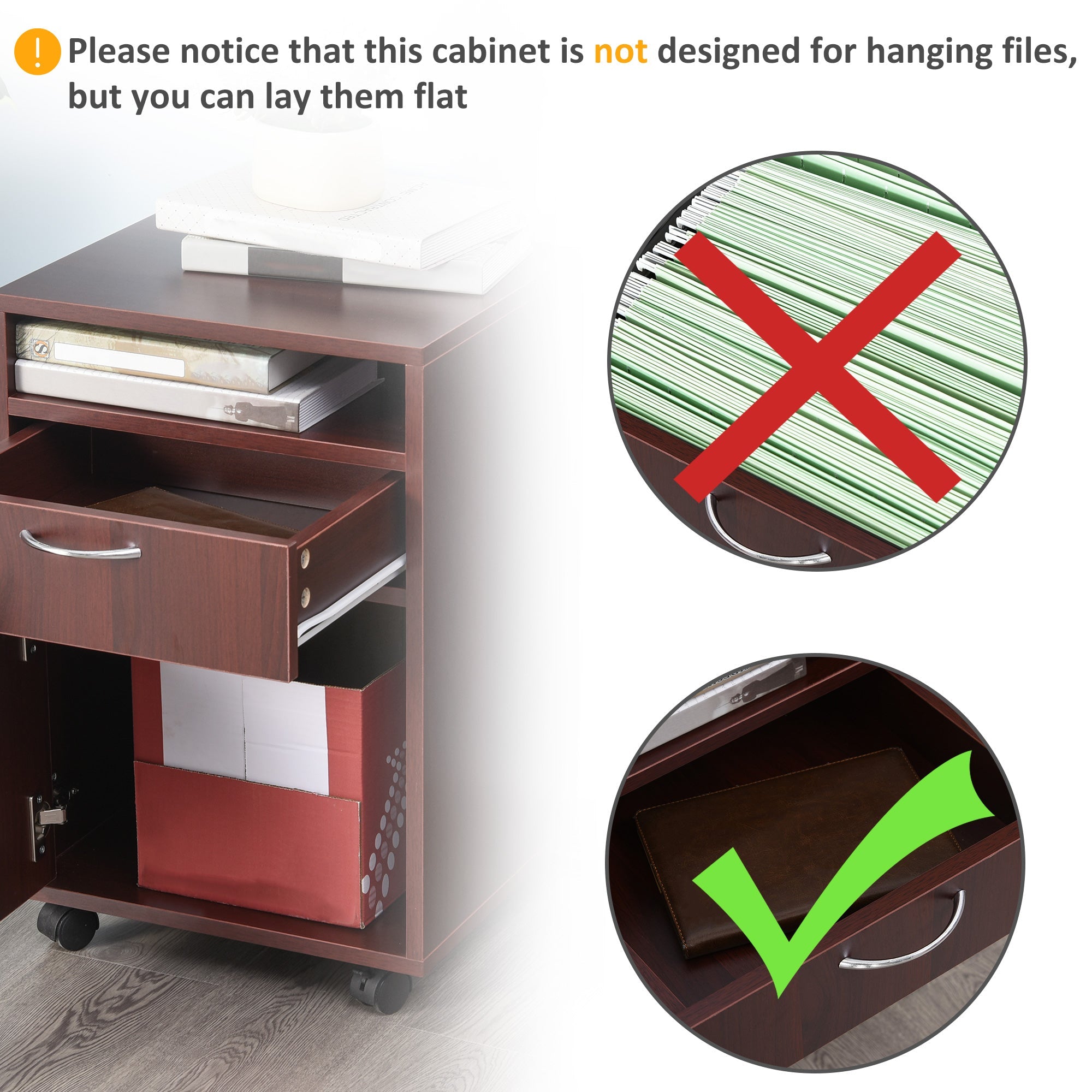 HOMCOM Small Filing Cabinet 24" Open Compartment Drawer Wheels Home Office Storage Espresso Wood Furniture 