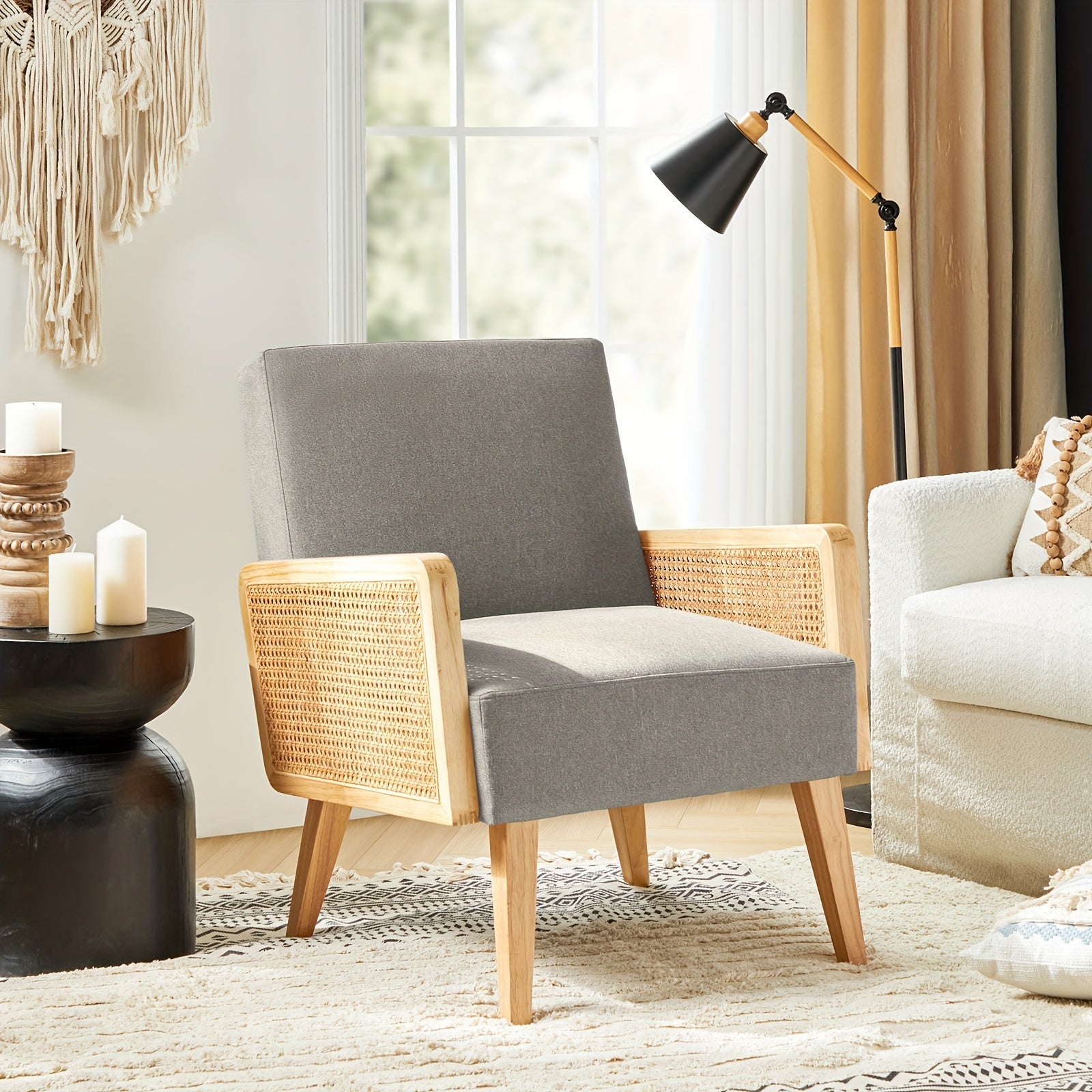 Beige Mid-Century Modern Accent Chair with Rattan Armrests & Wood Legs – Ergonomic Upholstered Lounge Chair for Living Room, Bedroom, or Hosting Spaces, Lightweight & Comfortable Design, Chair Furniture 