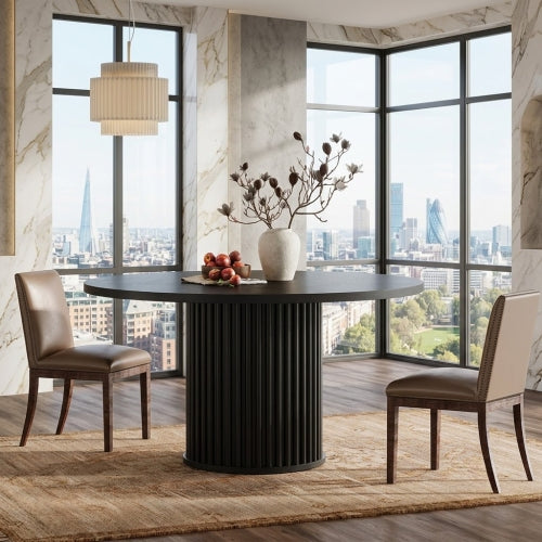 47" Round Dining Table, Wood Kitchen Table with Sturdy Fluted Metal Base, Modern Black Dining Table for 6 People