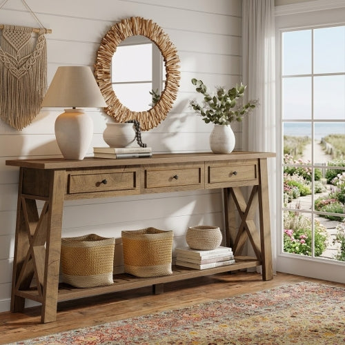 70.8" Console Table with 3 Storage Drawers, Long Sofa Table Behind Couch with Shelf, Farmhouse Entryway Table Brown