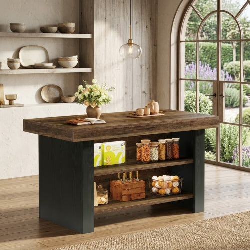 55" Kitchen Island, Farmhouse Center Island Table with 2-Tier Storage Shelves, Large Prep Station Brown
