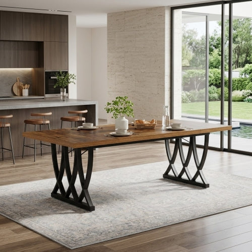 70.8" Dining Table, Rectangular Kitchen Table for 6–8 People with Trestle Base, Industrial Wood Dining Table Brown & White