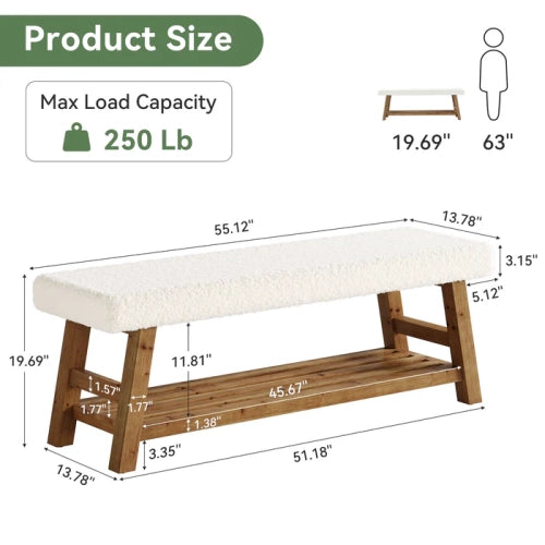 55" Upholstered Entryway Bench, 2-Tier Shoe Storage Bench with Solid Wood Frame and Cushion, White & Brown