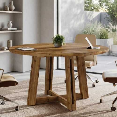 Conference Table 47" Solid Wood Round Meeting Table with Thickened Tabletop and Cross Base Design Brown