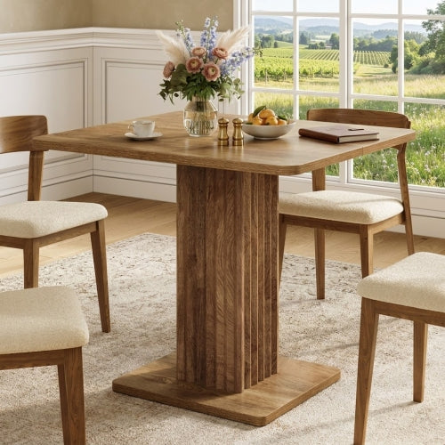 Dining Table 35.43" x 31.5" Farmhouse Kitchen Table for 2-4 People with Fluted Pedestal Base and Thick Tabletop Rustic Wood