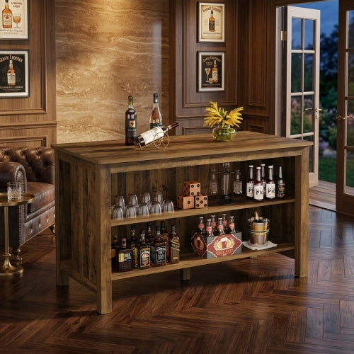 Bar Table 59" Counter Height Pub Table with 3-Tier Storage Shelves for Home Bar Kitchen Dining Room Rustic Brown