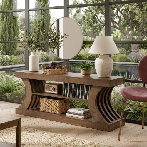 TV Stand 63" Entertainment Center with 3-Tier Storage Shelf for TVs up to 75" with Curved Side Supports and Open Shelves Brown