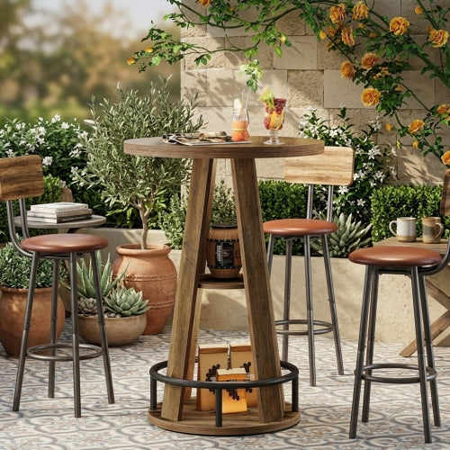 Bar Table 39.4" 3-Tier High Top Bistro Cocktail Pub Table with Metal Footrest and Storage Shelves Rustic Brown
