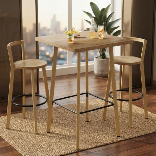 Bar Table Set 39.4" Square High-Top Bistro Pub Table with 2 Chairs Compact Space-Saving Design with Footrests Oak Finish for Home Kitchen Balcony