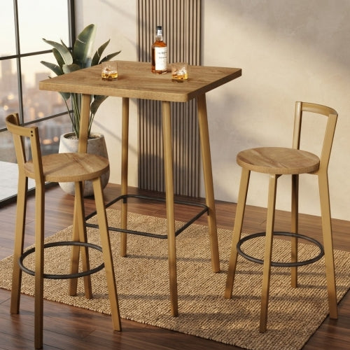 Bar Table Set 39.4" Square High-Top Bistro Pub Table with 2 Chairs Compact Space-Saving Design with Footrests Oak Finish for Home Kitchen Balcony