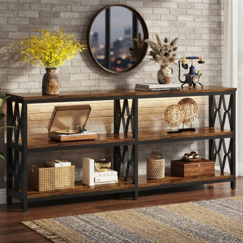 Console Table 70.9" 3-Tier Industrial Sofa Table with Storage Shelves Heavy Duty Metal Frame Rustic Brown for Living Room Entryway