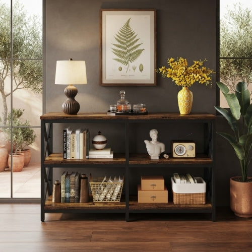 Console Table 70.9" 3-Tier Industrial Sofa Table with Storage Shelves Heavy Duty Metal Frame Rustic Brown for Living Room Entryway
