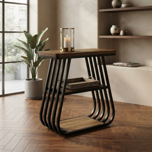 End Table 23.62" 3-Tier Narrow Side Table with Storage Shelves Industrial Metal Frame Oak Finish for Small Spaces Living Room Bedroom