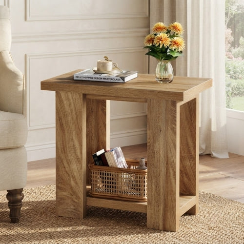 End Table 2-Tier Farmhouse Side Table with Storage Shelves 27.56" Wooden Nightstand for Small Spaces Living Room Bedroom Light Brown
