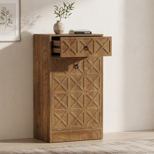13 Gallons Tilt-Out Trash Can Cabinet with Drawer Wooden Hidden Garbage Bin Organizer for Kitchen Laundry Room Brown