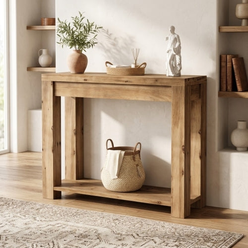 43.31" Solid Wood Console Table 2-Tier Farmhouse Narrow Entryway Sofa Table with Thick Top for Living Room Hallway Rustic Natural