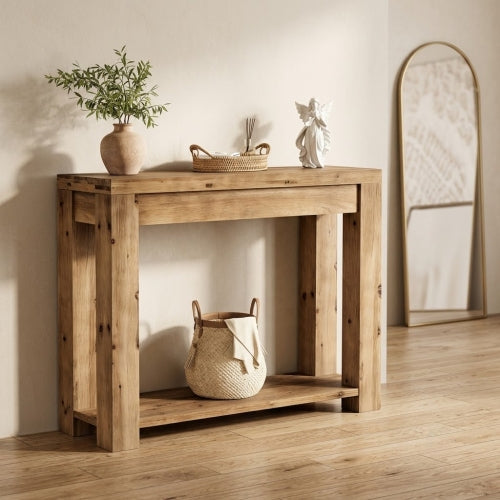 43.31" Solid Wood Console Table 2-Tier Farmhouse Narrow Entryway Sofa Table with Thick Top for Living Room Hallway Rustic Natural