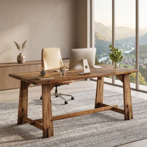 63" Solid Wood Office Desk Farmhouse Executive Computer Desk with Large Work Surface 1.18" Thick Tabletop for Home Office Rustic Natural