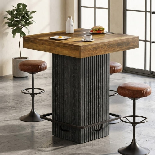 31.5" Square Bar Table Industrial Counter Height Dining Table with Metal Footrest Heavy Duty Pedestal Base Rustic Brown