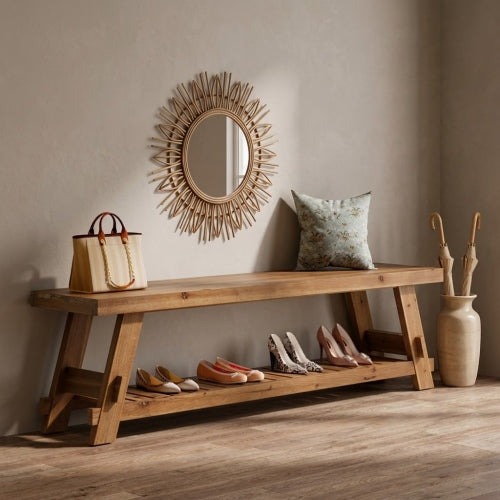 63" Solid Wood Shoe Bench 2-Tier Entryway Bench with Storage Shelf Heavy Duty Seating for Hallway Living Room Rustic Brown