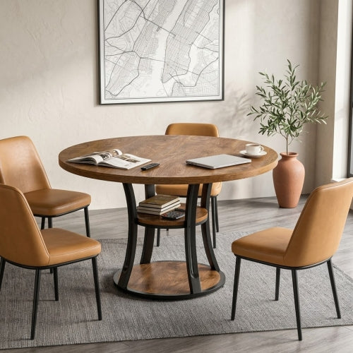 39" Round Conference Table Modern Meeting Room Table with Storage Shelf Metal Base for 2-4 People Industrial Rustic Brown Black
