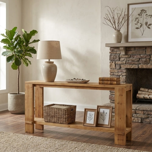 70.9" Solid Wood Console Table, 2-Tier Farmhouse Entryway Sofa Table for Hallway Natural Fir Wood