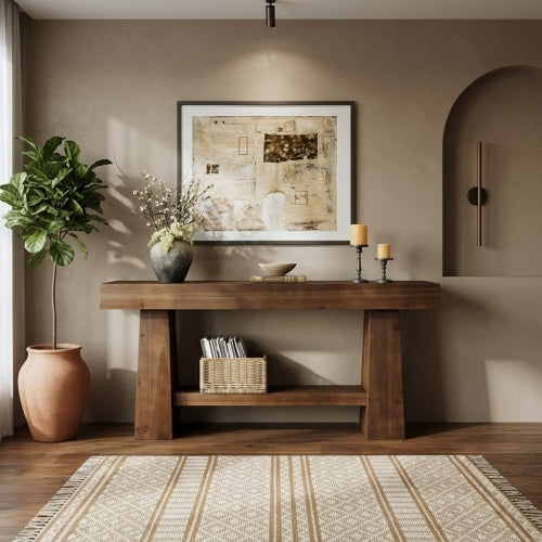 63" Solid Wood Console Table, 2-Tier Farmhouse Entryway Sofa Table with Storage Shelf Rustic Brown