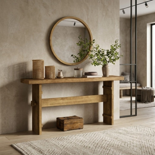 63" Solid Wood Console Table, Farmhouse Entryway Sofa Table Behind Couch Rustic Brown