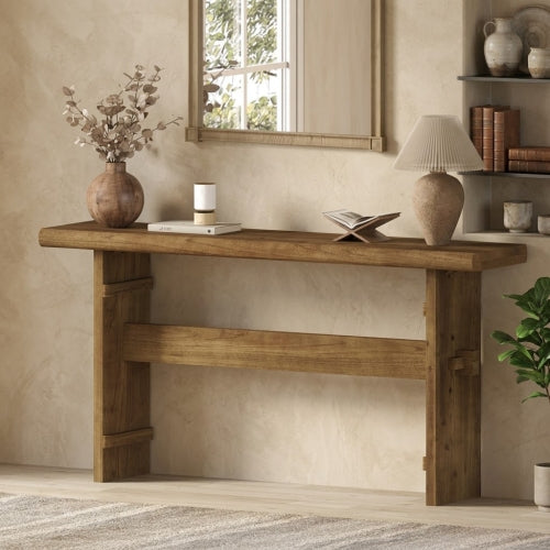 63" Solid Wood Console Table, Farmhouse Entryway Sofa Table Behind Couch Rustic Brown