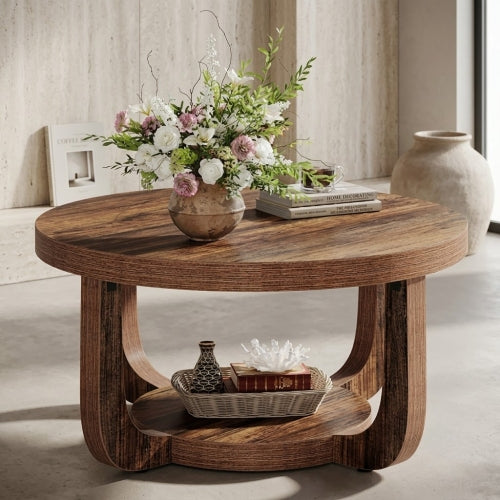 31.5" Round Coffee Table with 2-Tier Storage, Modern Farmhouse Circle Center Table with Thick Wood Top & Rustic Brown Finish