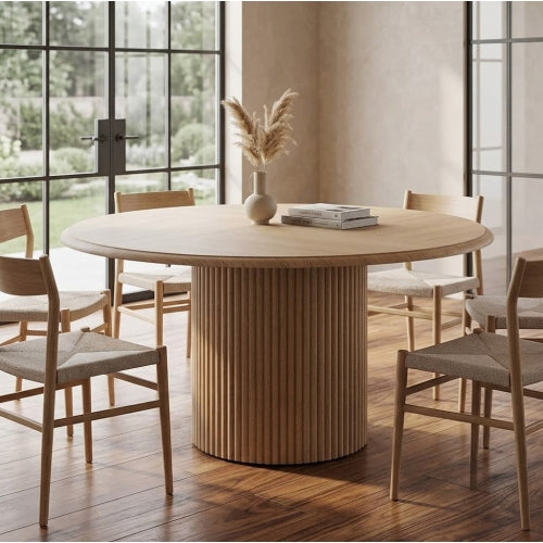 47" Round Conference Table with Fluted Metal Base, Meeting Table for 4–6 People, Modern Office Desk Light Brown