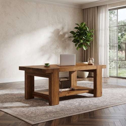 Wood Coffee Table 47.2" Solid Wood Rectangle Center Table with 2-Tier Storage Shelf and Thick Tabletop Rustic Brown