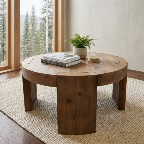 Coffee Table 31.5" Round Solid Wood Center Cocktail Tea Table Rustic Brown