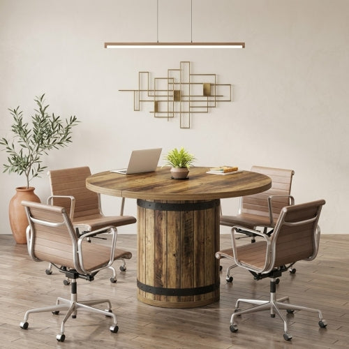 39.37" Round Conference Table Farmhouse Meeting Room Table for 4 with Pedestal Base MDF Wooden Office Dining Table Rustic Brown