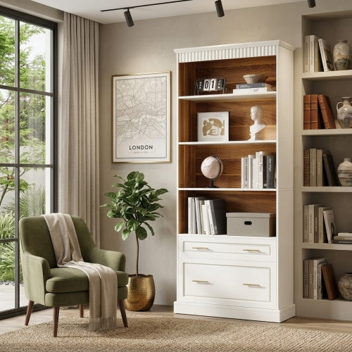 Bookshelf 72" 5-Shelf Bookcase with Drawers Freestanding Display Shelf White
