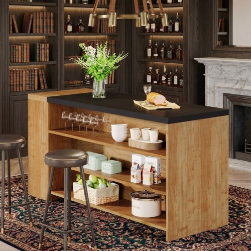 Kitchen Island 55" Farmhouse Coffee Bar Table with Storage 5 Shelves Vintage Brown