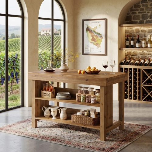 Bar Table 55" Farmhouse 3-Tier Solid Wood Bar Unit with Open Storage Shelves Brown