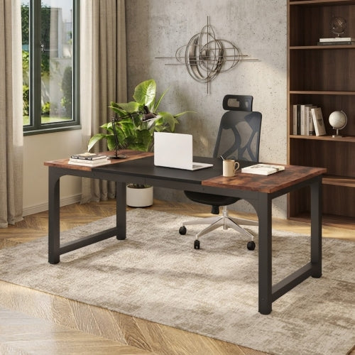 Conference Table 70.86" Rectangular Meeting Table Computer Desk with Metal Frame and Scratch Resistant Surface Rustic Brown & Black