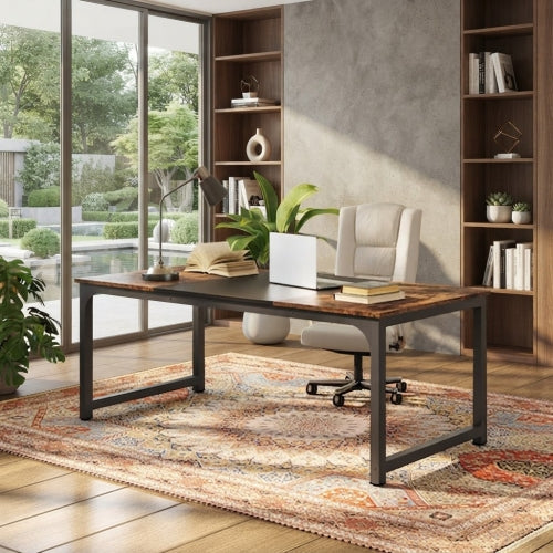 Conference Table 70.86" Rectangular Meeting Table Computer Desk with Metal Frame and Scratch Resistant Surface Rustic Brown & Black