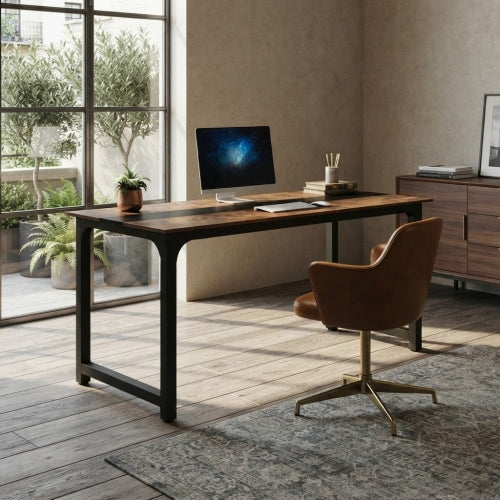 Conference Table 70.86" Rectangular Meeting Table Computer Desk for Office Training Room with Metal Frame Scratch Resistant Rustic Brown & Black