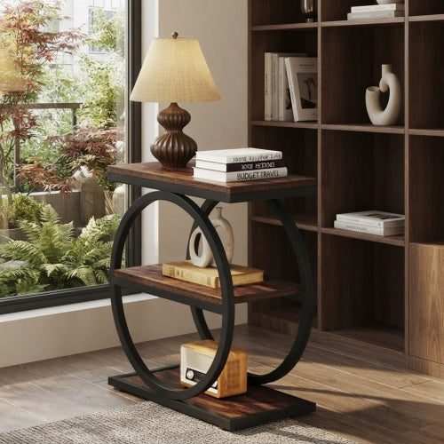 End Table 3-Tier Industrial Sofa Side Table with Round Metal Frame Storage Shelves for Living Room Bedroom Rustic Finish