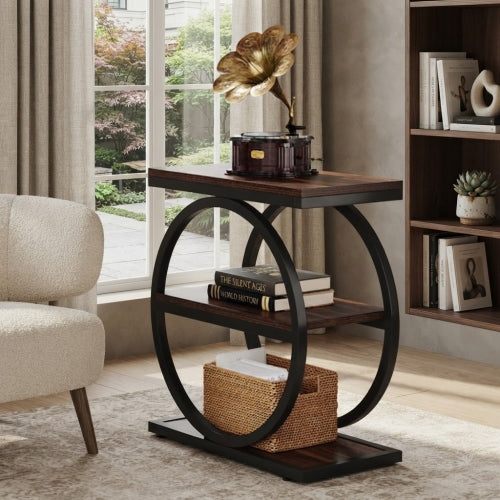 End Table 3-Tier Industrial Sofa Side Table with Round Metal Frame Storage Shelves for Living Room Bedroom Rustic Finish