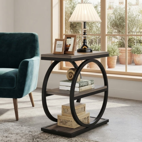 End Table 3-Tier Industrial Sofa Side Table with Round Metal Frame and Storage Shelves for Living Room Bedroom
