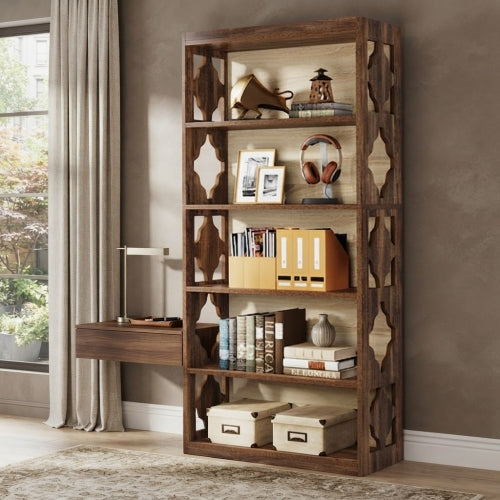 Bookshelf 70" 6-Tier Wood Bookcase with Storage Shelves and Rhombus Pattern Design for Living Room Office Bedroom