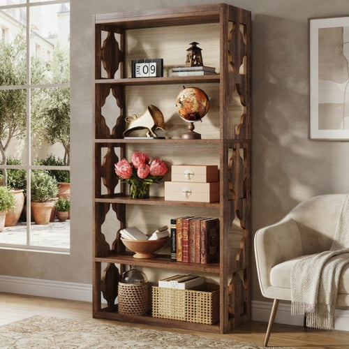 Bookshelf 70" 6-Tier Wood Bookcase with Storage Shelves and Rhombus Pattern Design for Living Room Office Bedroom